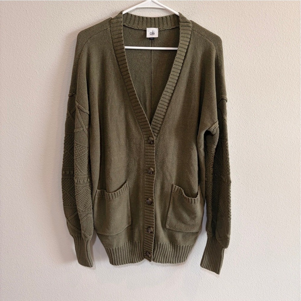 CAbi Aerial Cardigan Sweater S Olive Green Textured Knit Boho Cottagecore